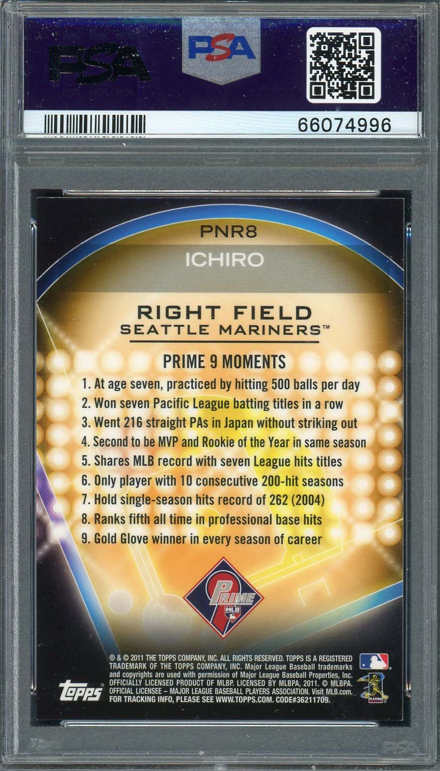 Ichiro Suzuki 2011 Topps Prime 9 Baseball Card #PNR8 Graded PSA 10-Powers Sports Memorabilia
