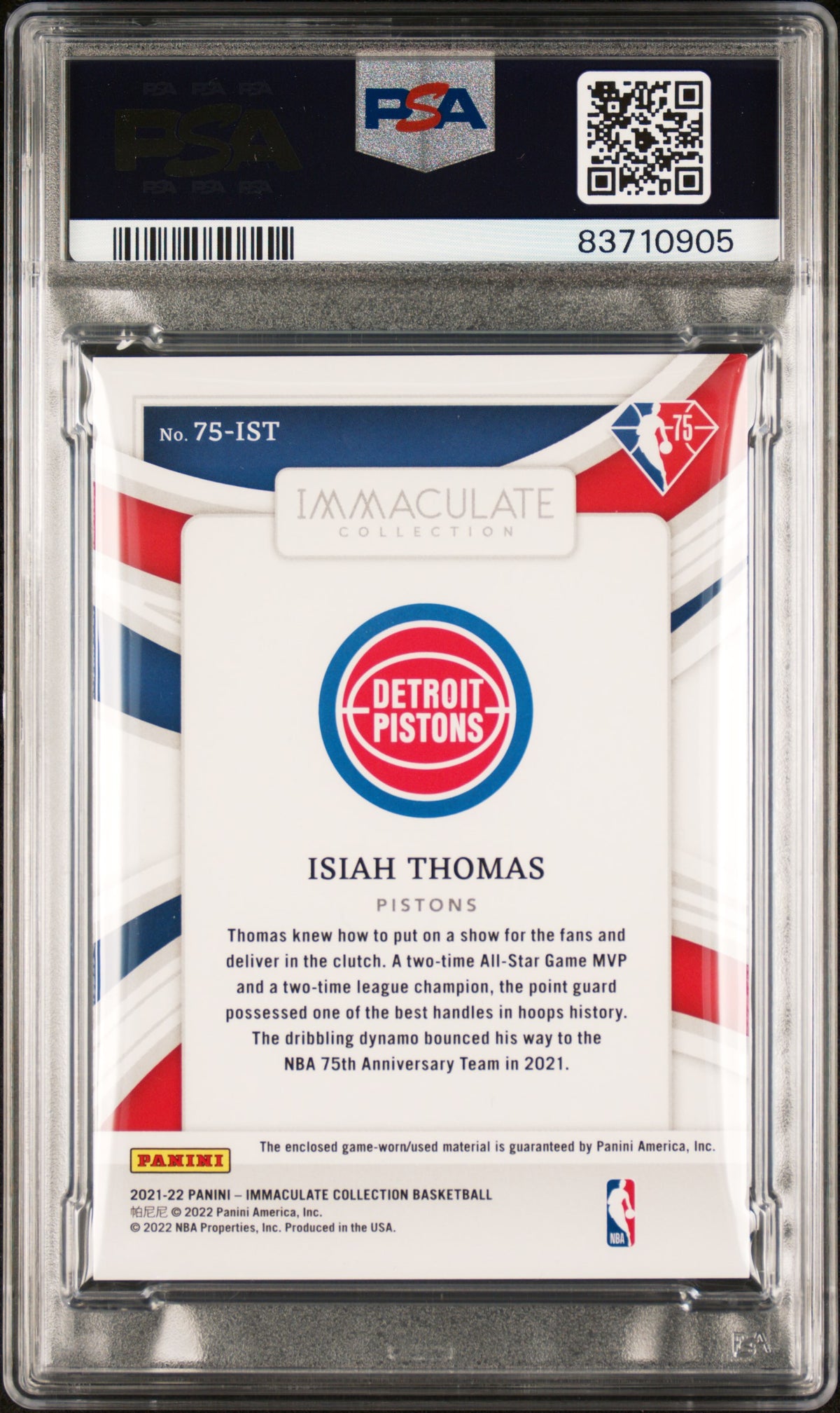 Isiah Thomas 2021 Panini Immaculate Signed Card #75IST Auto Graded PSA 9 17/75-Powers Sports Memorabilia