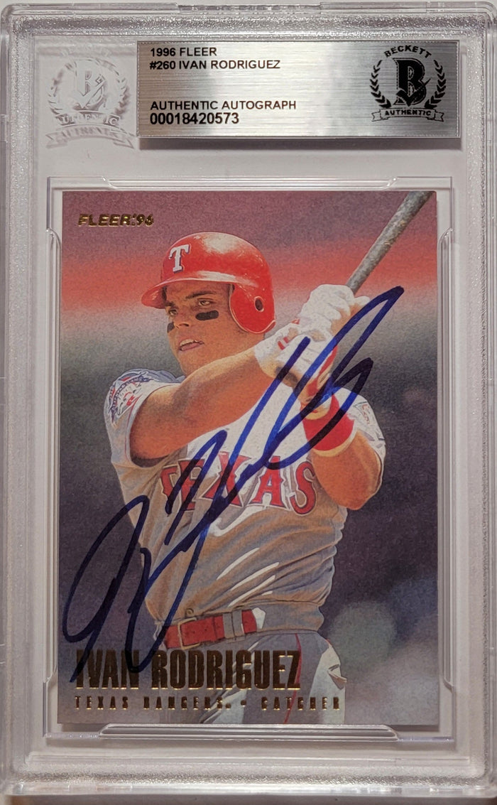Ivan Rodriguez Signed Texas Rangers 1996 Fleer #260 Card - Beckett-Powers Sports Memorabilia