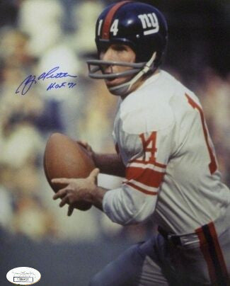 Y.A. Tittle Autographed New York Giants Color Passing Vertical 8X10 Photo HOF 71- JSA Hologram-Powers Sports Memorabilia