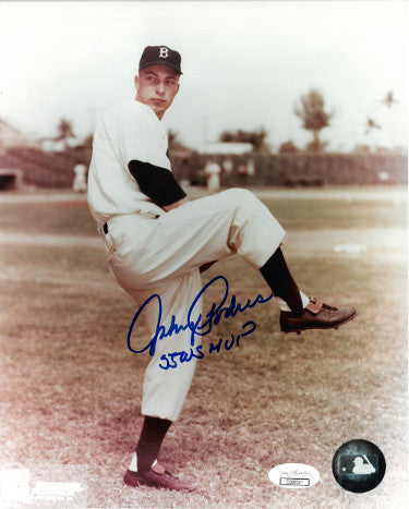 Johnny Podres Autographed Brooklyn Dodgers 8x10 Pitching Photo 55 WS MVP- JSA Hologram (wind up- deceased)-Powers Sports Memorabilia
