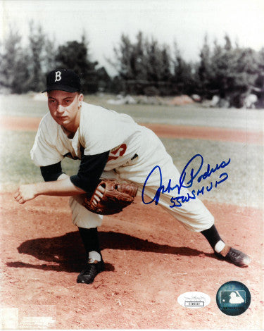 Johnny Podres Autographed Brooklyn Dodgers 8x10 Pitching Photo 55 WS MVP- JSA Hologram (follow through- deceased)-Powers Sports Memorabilia
