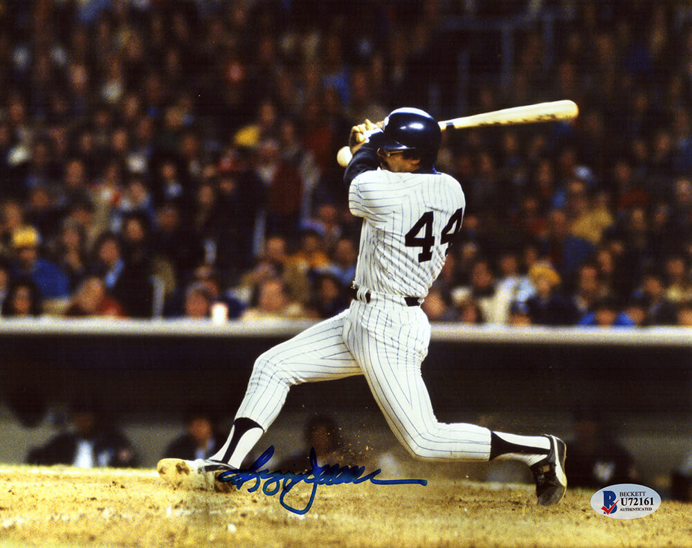 Reggie Jackson Autographed NY Yankees White Jersey Swinging Action 8x10 Photo - (Beckett)-Powers Sports Memorabilia