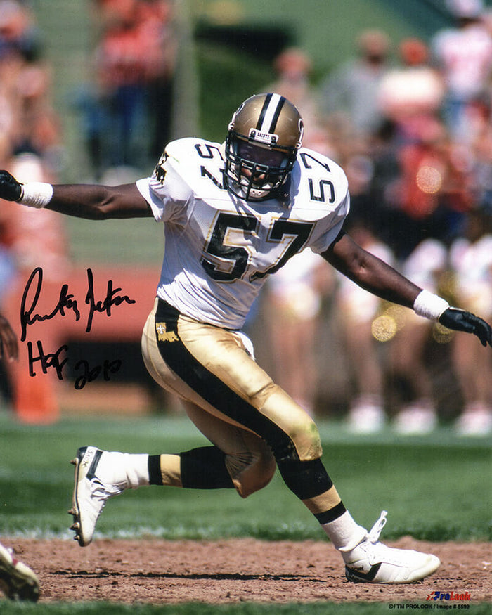 Rickey Jackson Autographed New Orleans Saints White Jersey Action 8x10 Photo with HOF 2010-Powers Sports Memorabilia