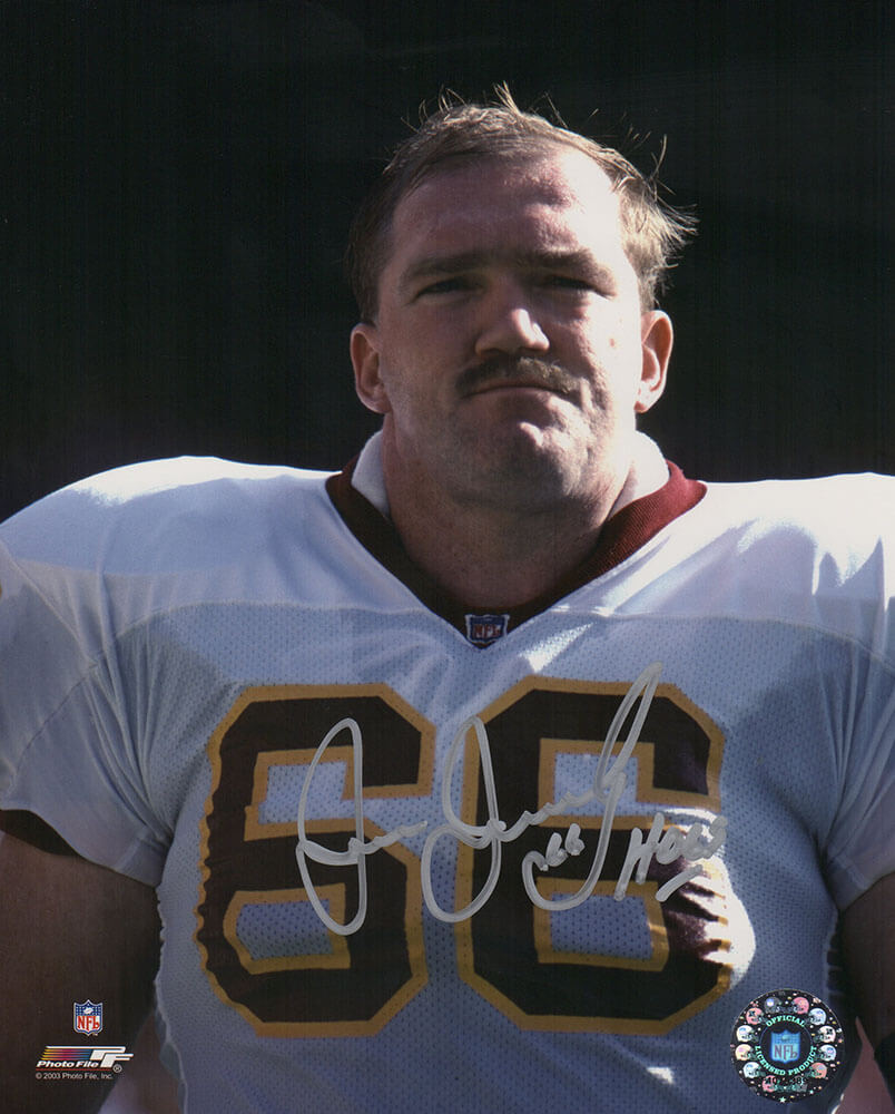 Joe Jacoby Autographed Washington Football Team White Jersey Close Up 8x10 Photo with Hogs-Powers Sports Memorabilia