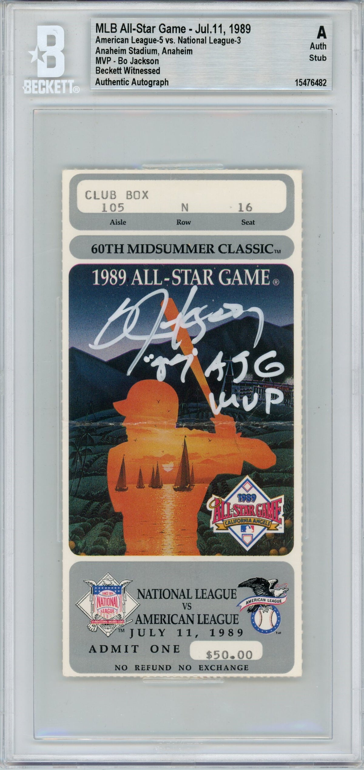 Bo Jackson Kansas City Royals Signed Card - 1989 All Star Game Ticket Beckett Beckett-Powers Sports Memorabilia