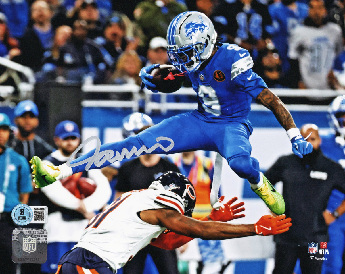 Jameson Williams Signed Detroit Lions 2024 Blue Jersey Hurdle 8x10 Photo - Beckett-Powers Sports Memorabilia
