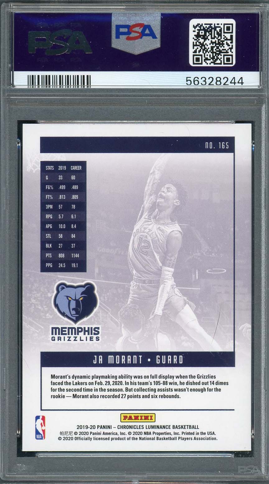 Ja Morant 2019 Panini Chronicles Basketball Rookie Card RC #165 Graded PSA 10-Powers Sports Memorabilia