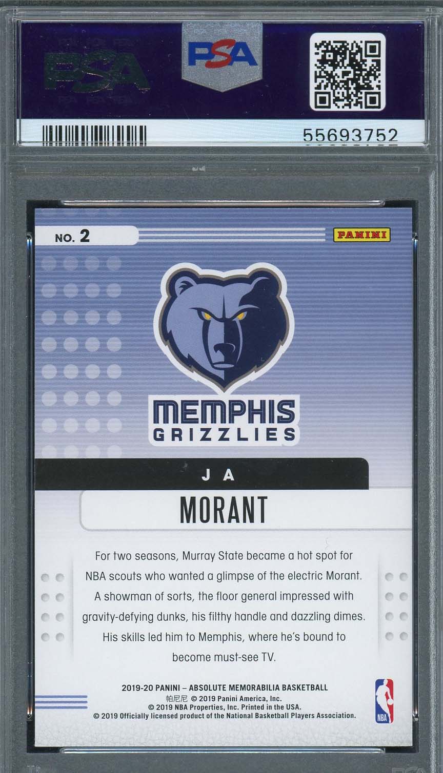 Ja Morant 2019 Panini Absolute Memorabilia Yellow Rookie Card #2 PSA 10-Powers Sports Memorabilia