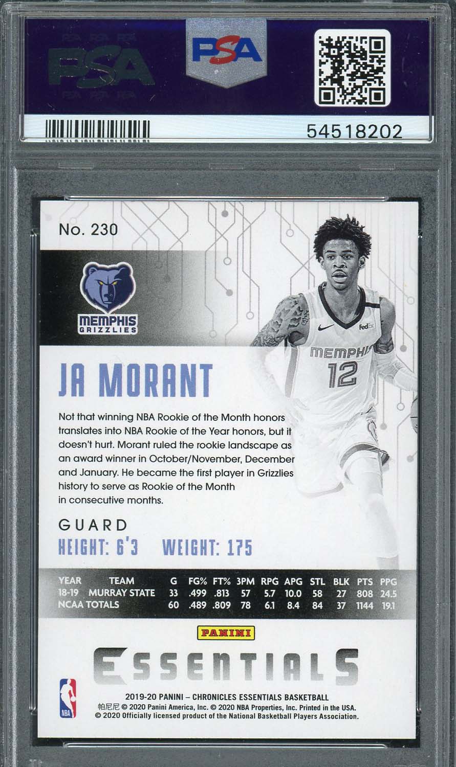 Ja Morant 2019 Panini Chronicles Basketball Rookie Card RC #230 Graded PSA 10-Powers Sports Memorabilia