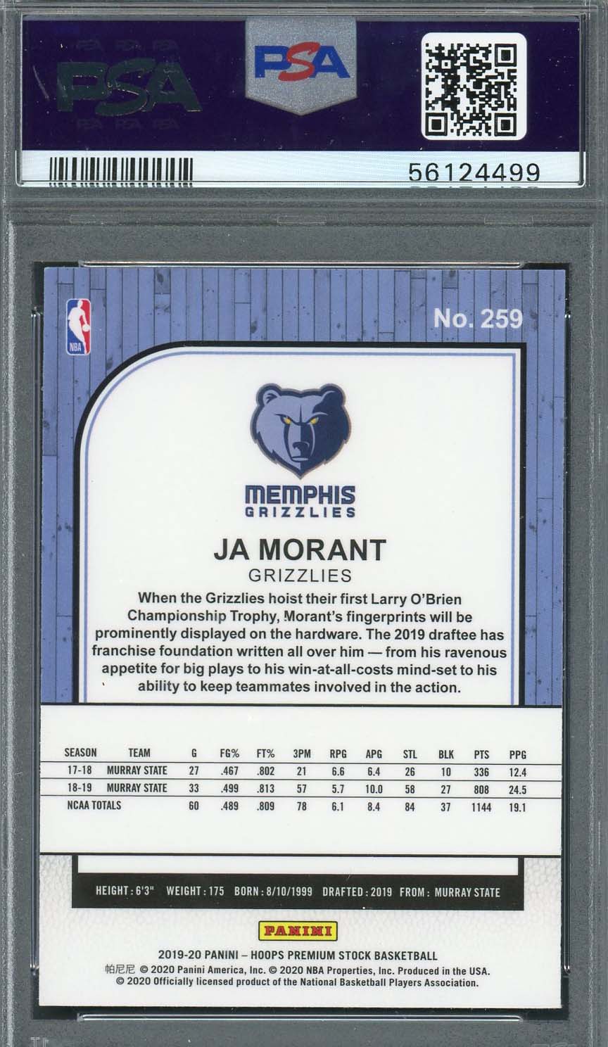 Ja Morant 2019 Panini Hoops Premium Stock Rookie Card RC #259 Graded PSA 10-Powers Sports Memorabilia
