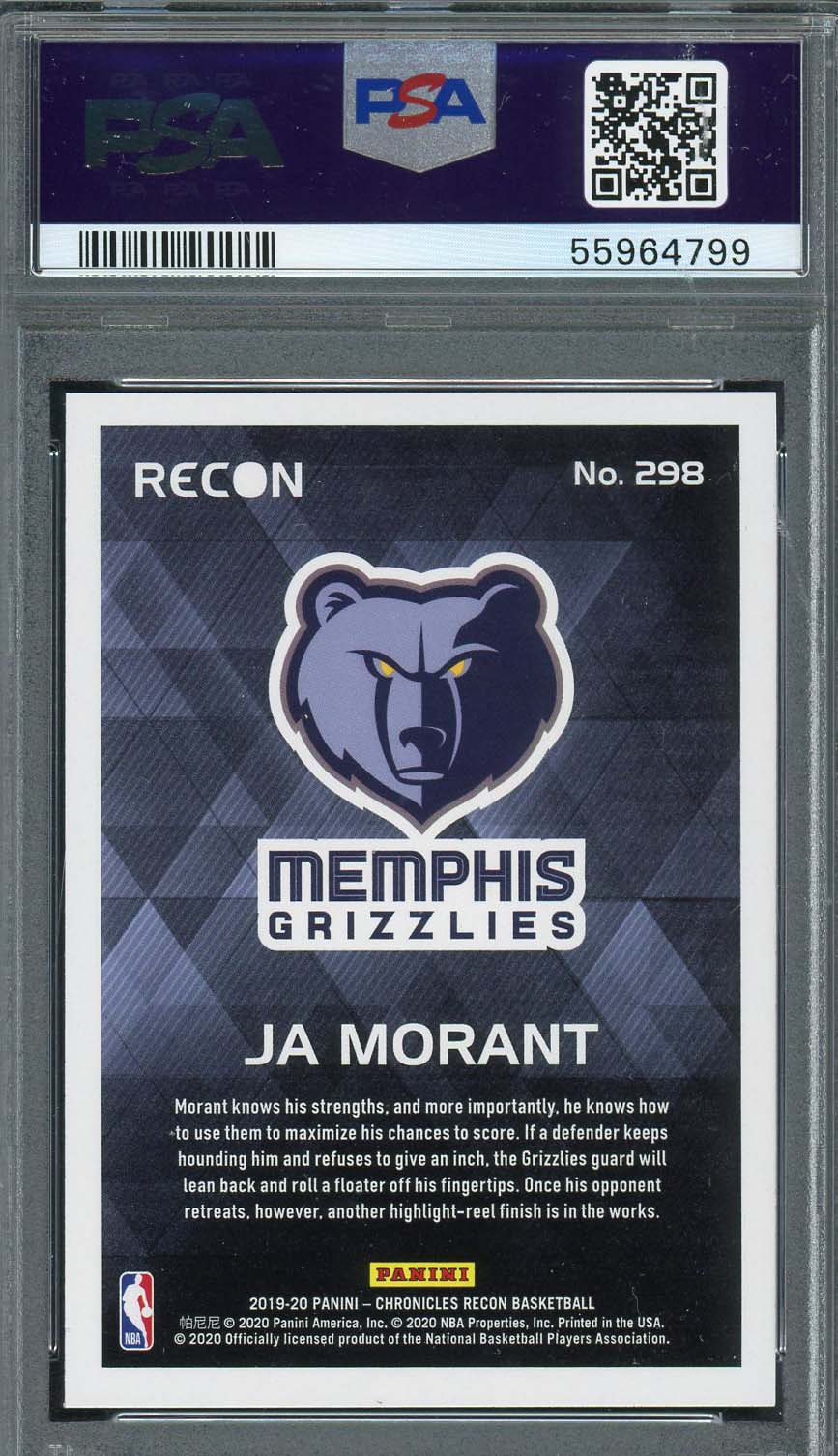 Ja Morant 2019 Panini Chronicles Basketball Rookie Card RC #298 Graded PSA 10-Powers Sports Memorabilia