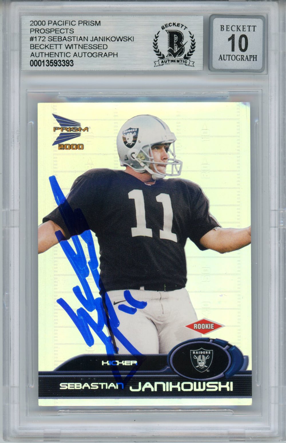 Sebastian Janikowski Oakland Raiders Signed Card - 2000 Pacific Prizm #172 BAS 10 Slab Beckett-Powers Sports Memorabilia