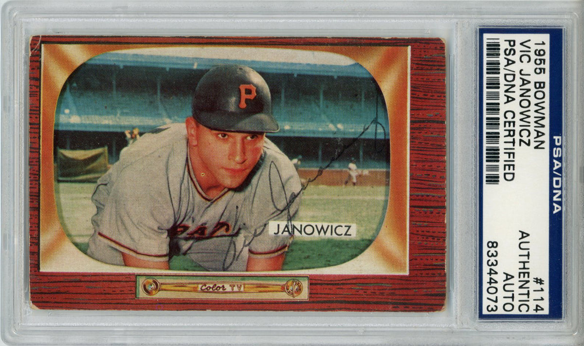 Vic Janowicz Pittsburgh Pirates Signed Card - 1955 Bowman #114 PSA Slab PSA-Powers Sports Memorabilia