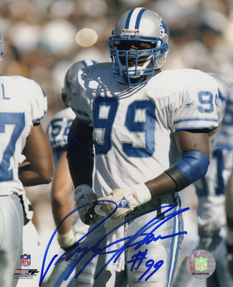 Pepper Johnson Autographed Detroit Lions White Jersey Close Up 8x10 Photo-Powers Sports Memorabilia