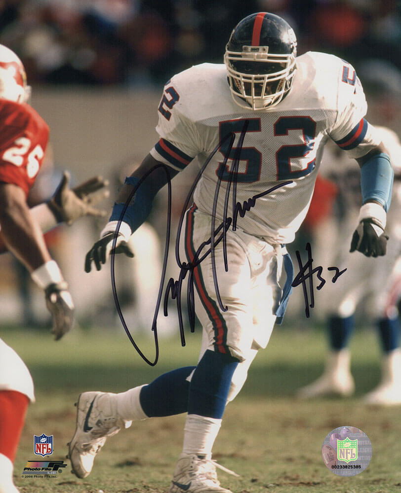 Pepper Johnson Autographed New York Giants White Jersey Action 8x10 Photo-Powers Sports Memorabilia