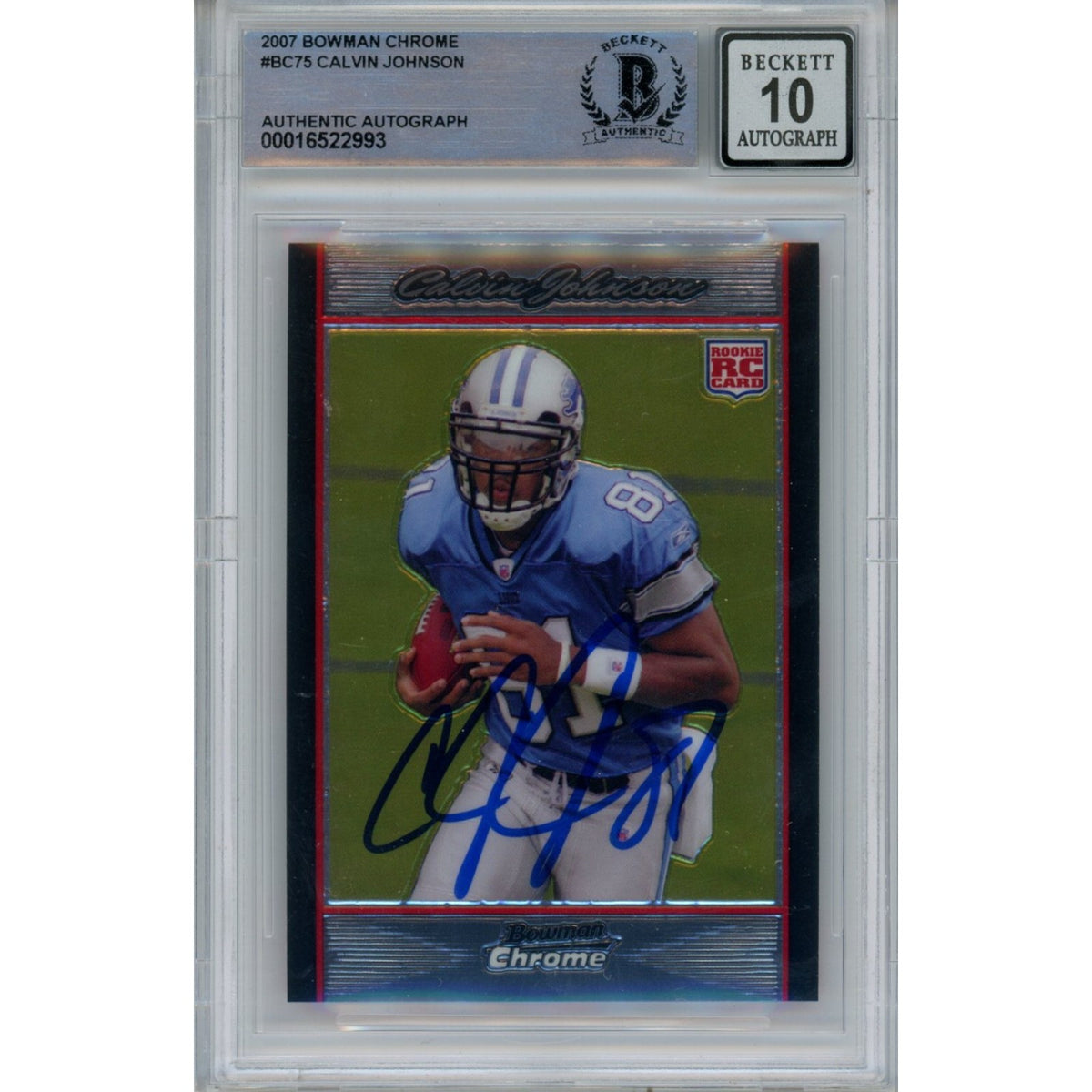 Calvin Johnson Detroit Lions Signed Card - 2007 Bowman Chrome BC75 10 Grade Beckett Beckett-Powers Sports Memorabilia