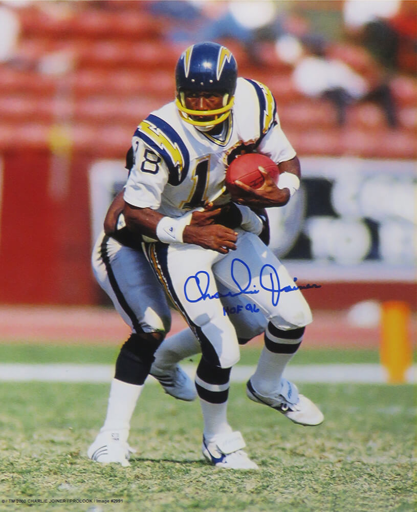 Charlie Joiner Autographed Chargers Running With Football 16x20 Photo with HOF 96-Powers Sports Memorabilia