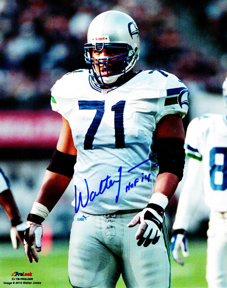Walter Jones Seattle Seahawks Autographed White Jersey Action 8x10 Photo-Powers Sports Memorabilia