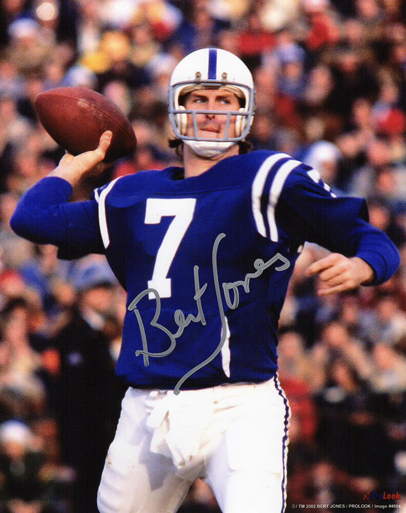 Bert Jones Autographed Colts Blue Jersey Passing Action 8×10 Photo-Powers Sports Memorabilia