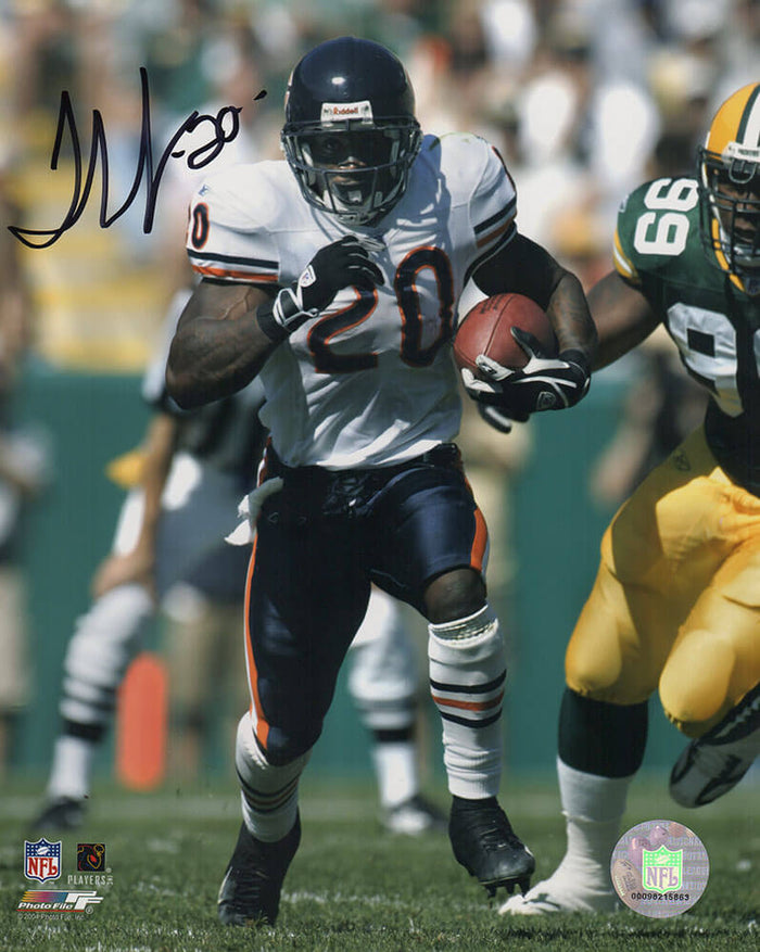 Thomas Jones Autographed Chicago Bears White Jersey Action vs Packers 8x10 Photo-Powers Sports Memorabilia