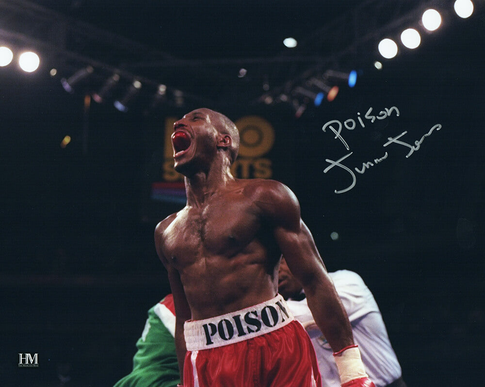 Junior Jones Autographed Boxing Screaming Celebration 8x10 Photo with Poison-Powers Sports Memorabilia