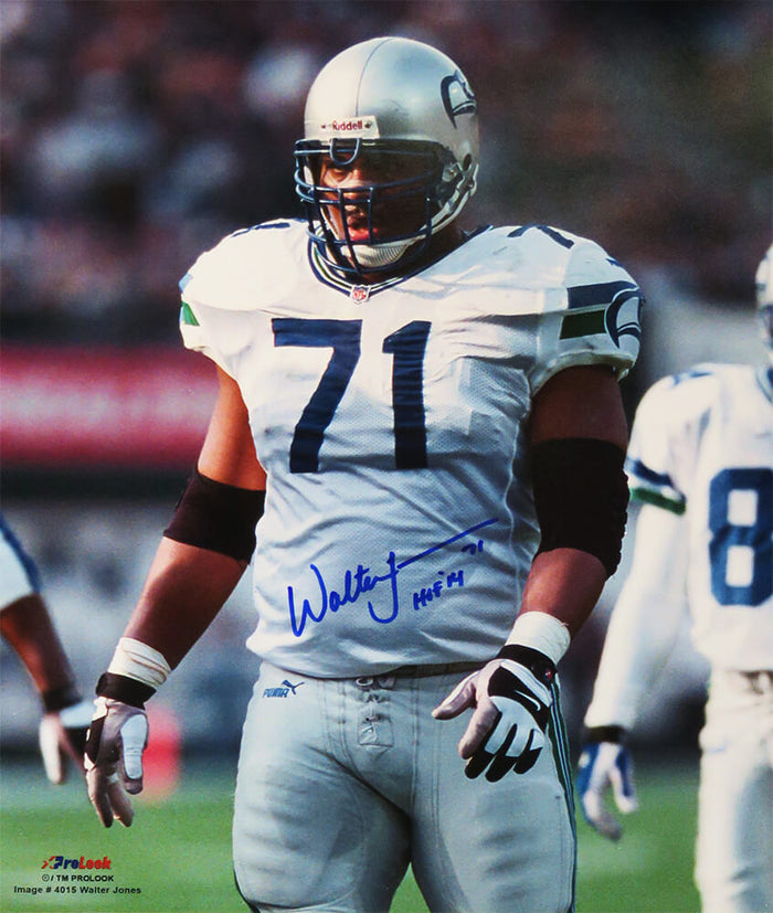Walter Jones Autographed Seattle Seahawks White Jersey Action 16x20 Photo with HOF'14-Powers Sports Memorabilia