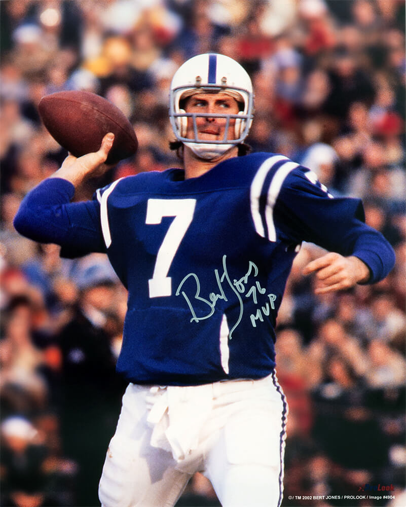 Bert Jones Autographed Colts Blue Jersey Passing Action 16×20 Photo with 76 MVP-Powers Sports Memorabilia