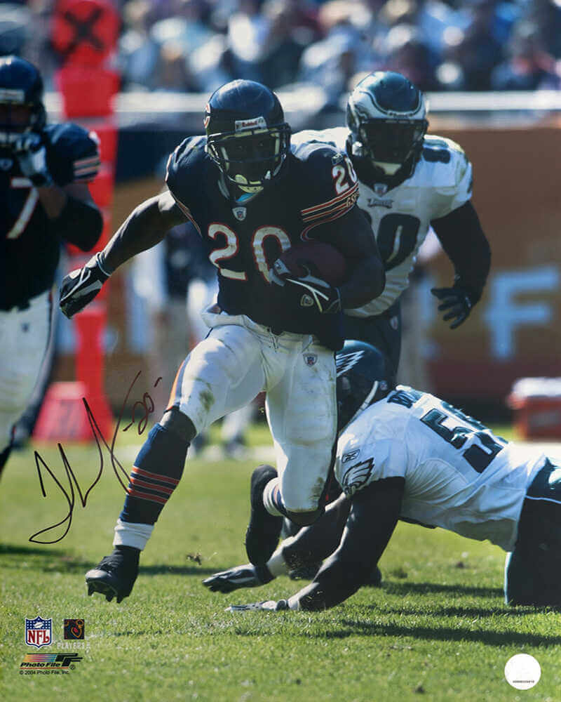 Thomas Jones Autographed Chicago Bears Navy Jersey Action vs Eagles 16x20 Photo-Powers Sports Memorabilia
