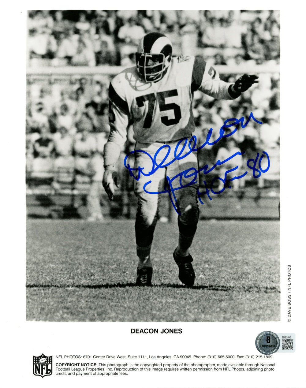 Deacon Jones Los Angeles Rams Signed 8x10 Photo - HOF Beckett Beckett-Powers Sports Memorabilia