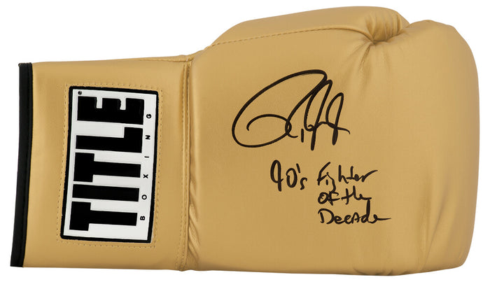 Roy Jones Jr. Autographed Title Gold Boxing Glove with 90's Fighter of the Decade-Powers Sports Memorabilia