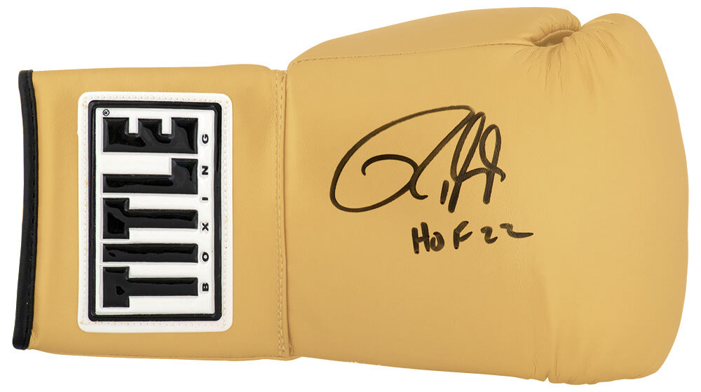 Roy Jones Jr. Autographed Title Gold Boxing Glove with HOF'22-Powers Sports Memorabilia
