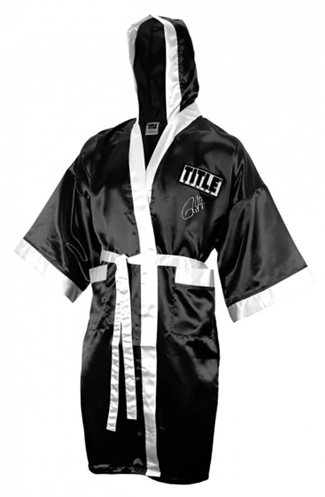 Roy Jones Jr. Autographed Title Black With White Trim Boxing Robe With Hood-Powers Sports Memorabilia
