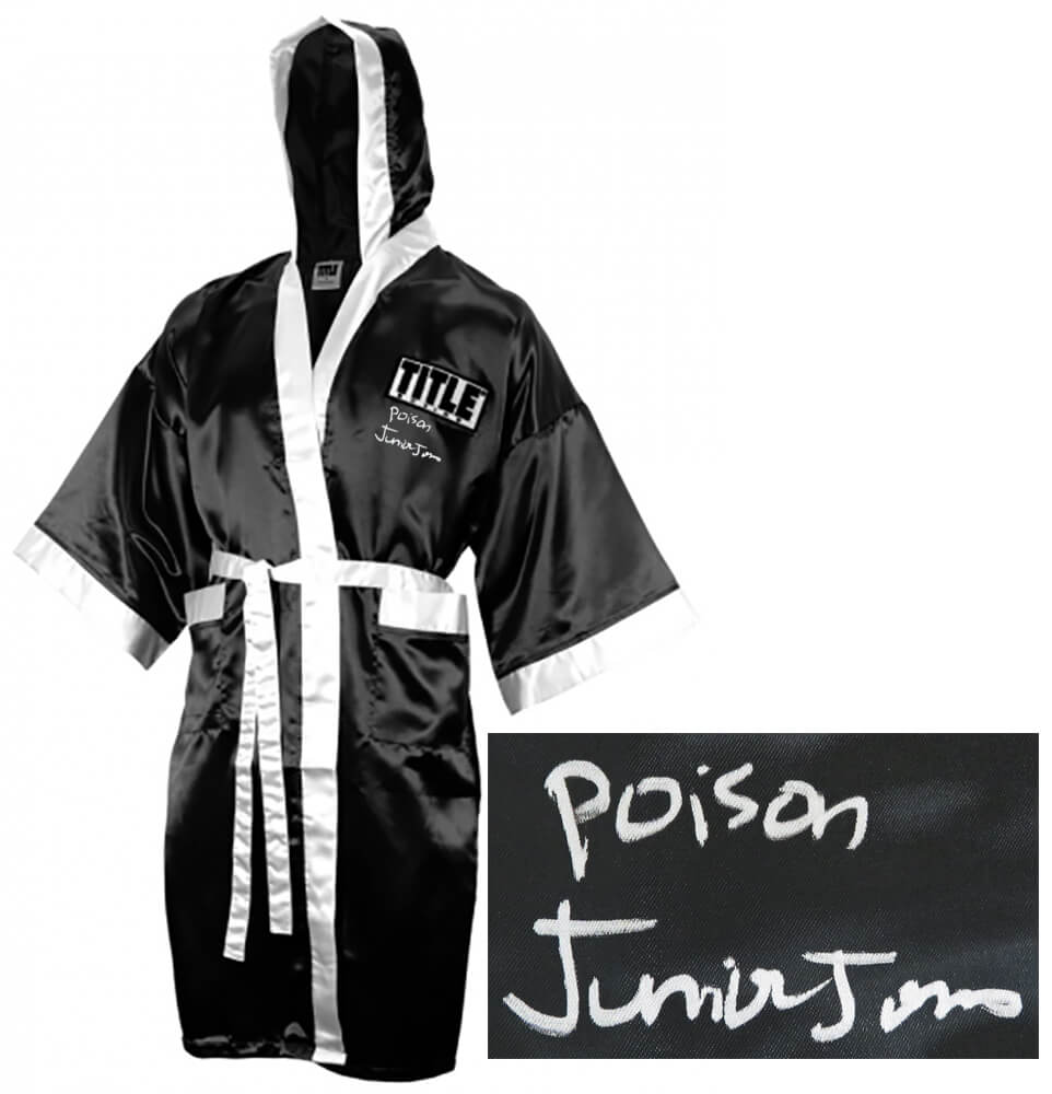 Junior Jones Autographed Title Black With White Trim Boxing Robe with Poison-Powers Sports Memorabilia