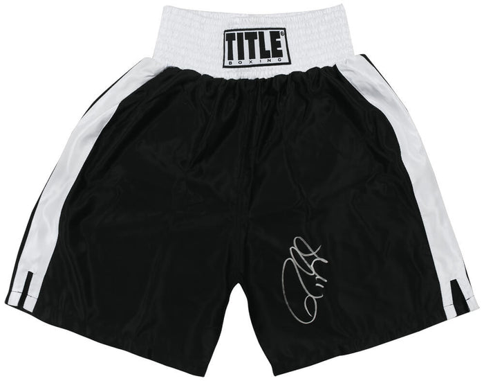 Roy Jones Jr. Autographed Title Black With White Trim Boxing Trunks-Powers Sports Memorabilia