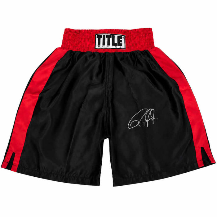 Roy Jones Jr. Autographed Title Black With Red Trim Boxing Trunks-Powers Sports Memorabilia