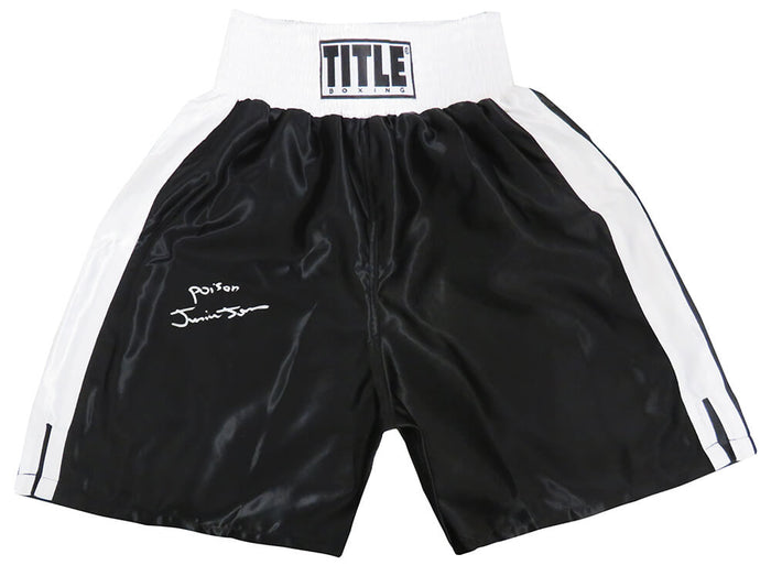 Junior Jones Autographed Title Black With White Trim Boxing Trunks with Poison-Powers Sports Memorabilia