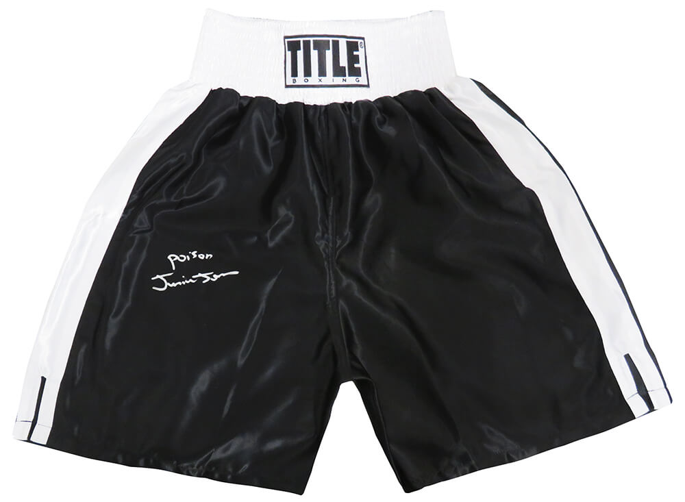 Junior Jones Autographed Title Black With White Trim Boxing Trunks with Poison-Powers Sports Memorabilia