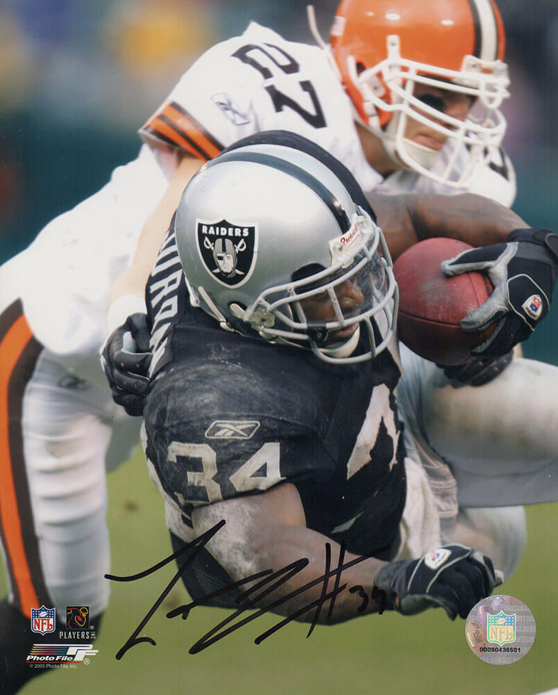 Lamont Jordan Autographed Raiders Black Jersey Action vs Browns 8x10 Photo-Powers Sports Memorabilia