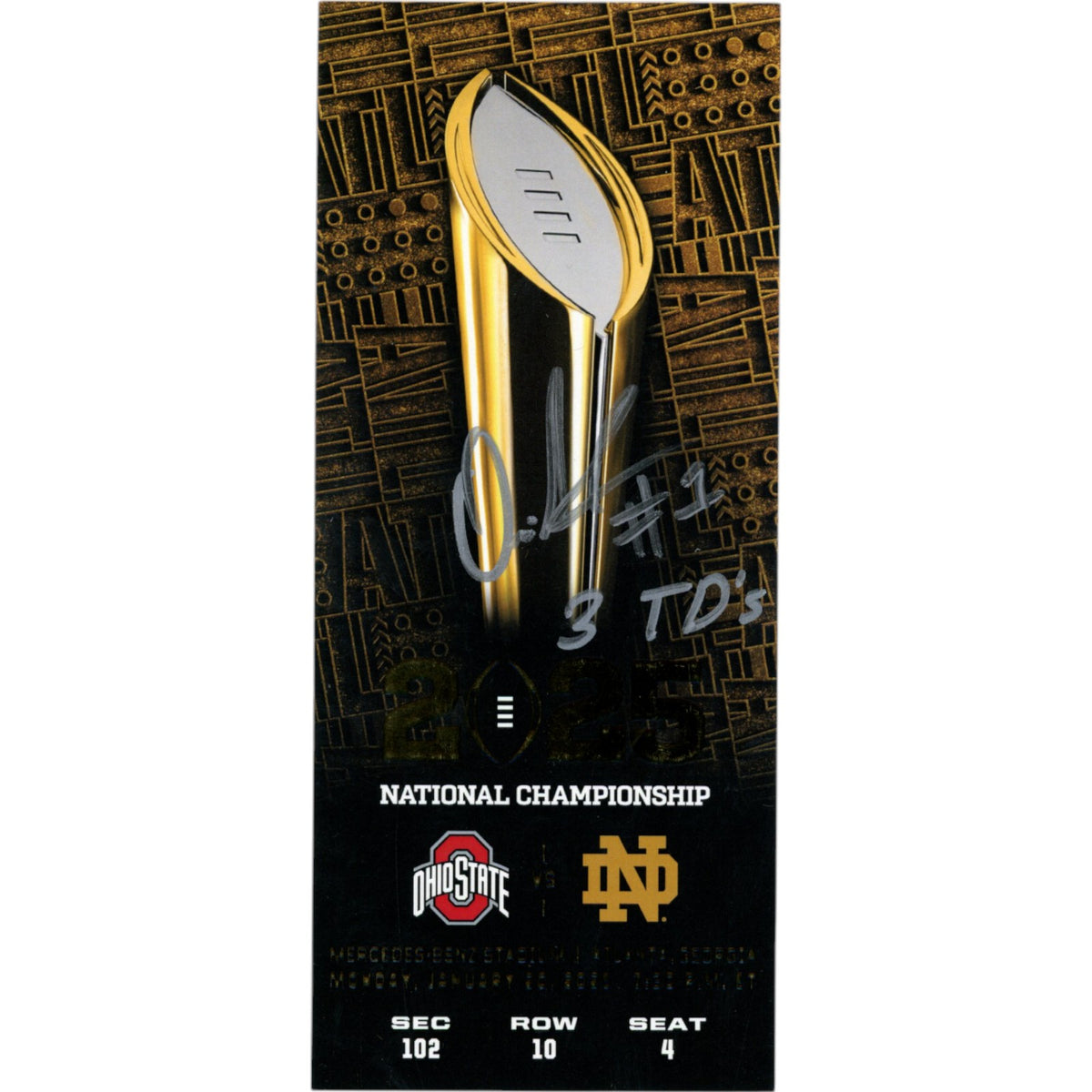 Quinshon Judkins Ohio State Buckeyes Signed Card - Ohio State National Champs Replica Ticket 3TD Beckett-Powers Sports Memorabilia