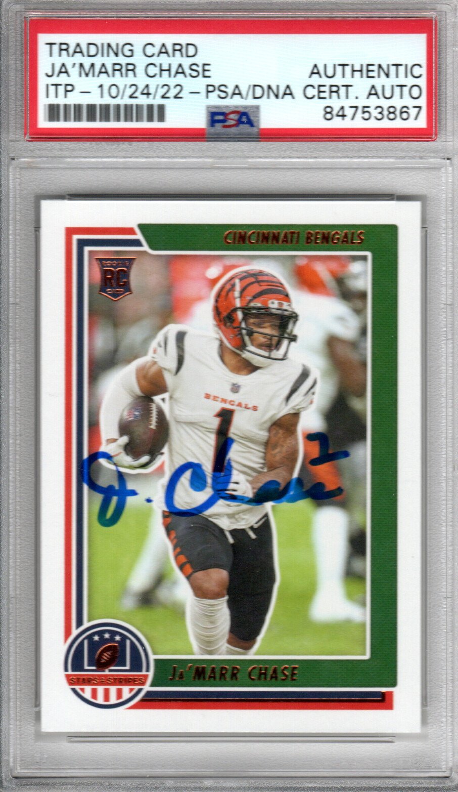 Ja'Marr Chase Signed Cincinnati Bengals Encapsulated 2021 Panini Chronicles Stars & Stripes STS-JCH Rookie Card - PSA 84753867-Powers Sports Memorabilia