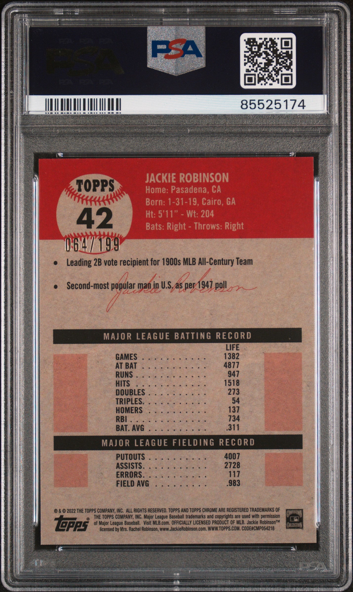 Jackie Robinson 2022 Topps Chrome White/Blue Refractor Card #42 PSA 10 LE/199-Powers Sports Memorabilia