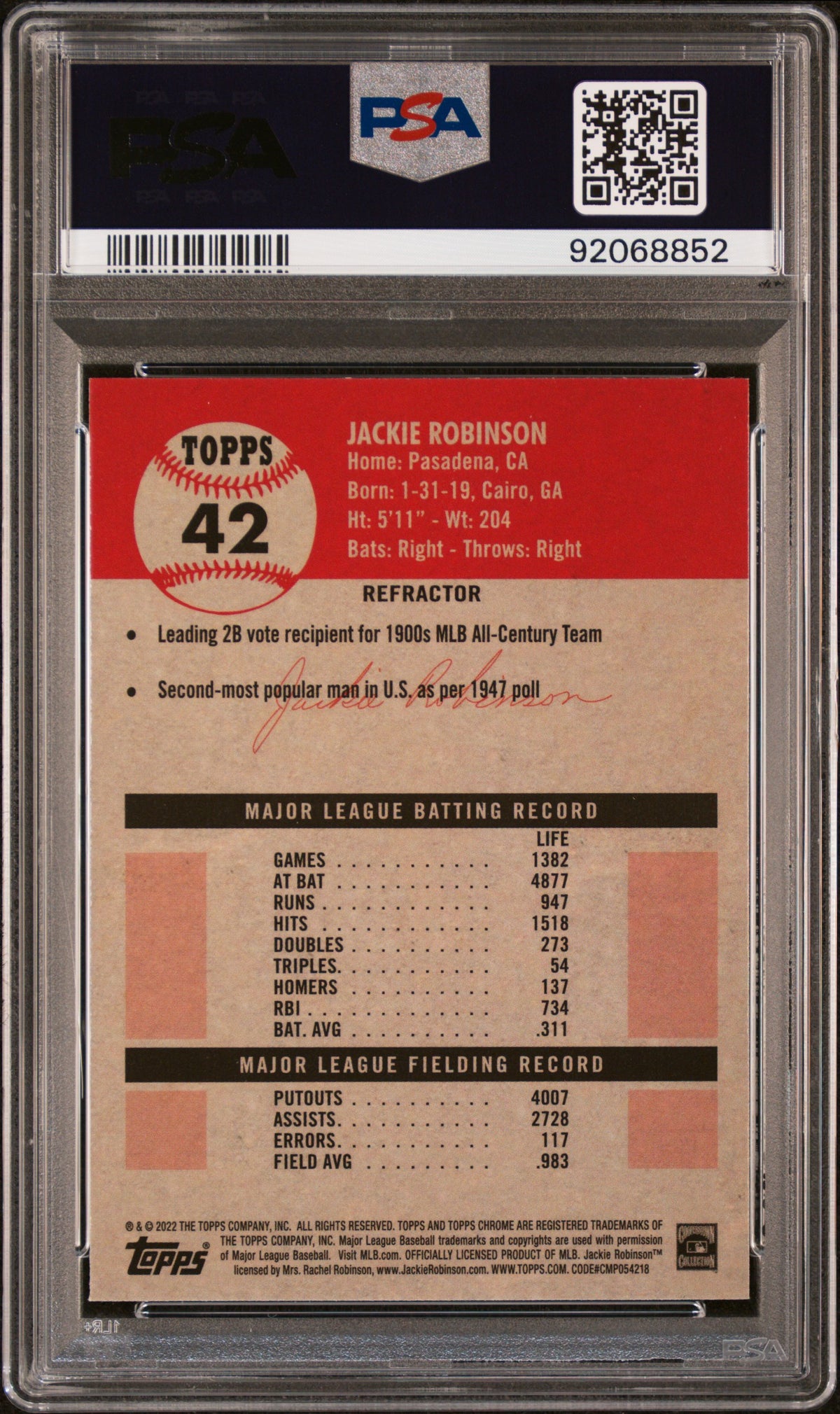 Jackie Robinson 2022 Topps Chrome Refractor Card #42 Graded PSA 10-Powers Sports Memorabilia