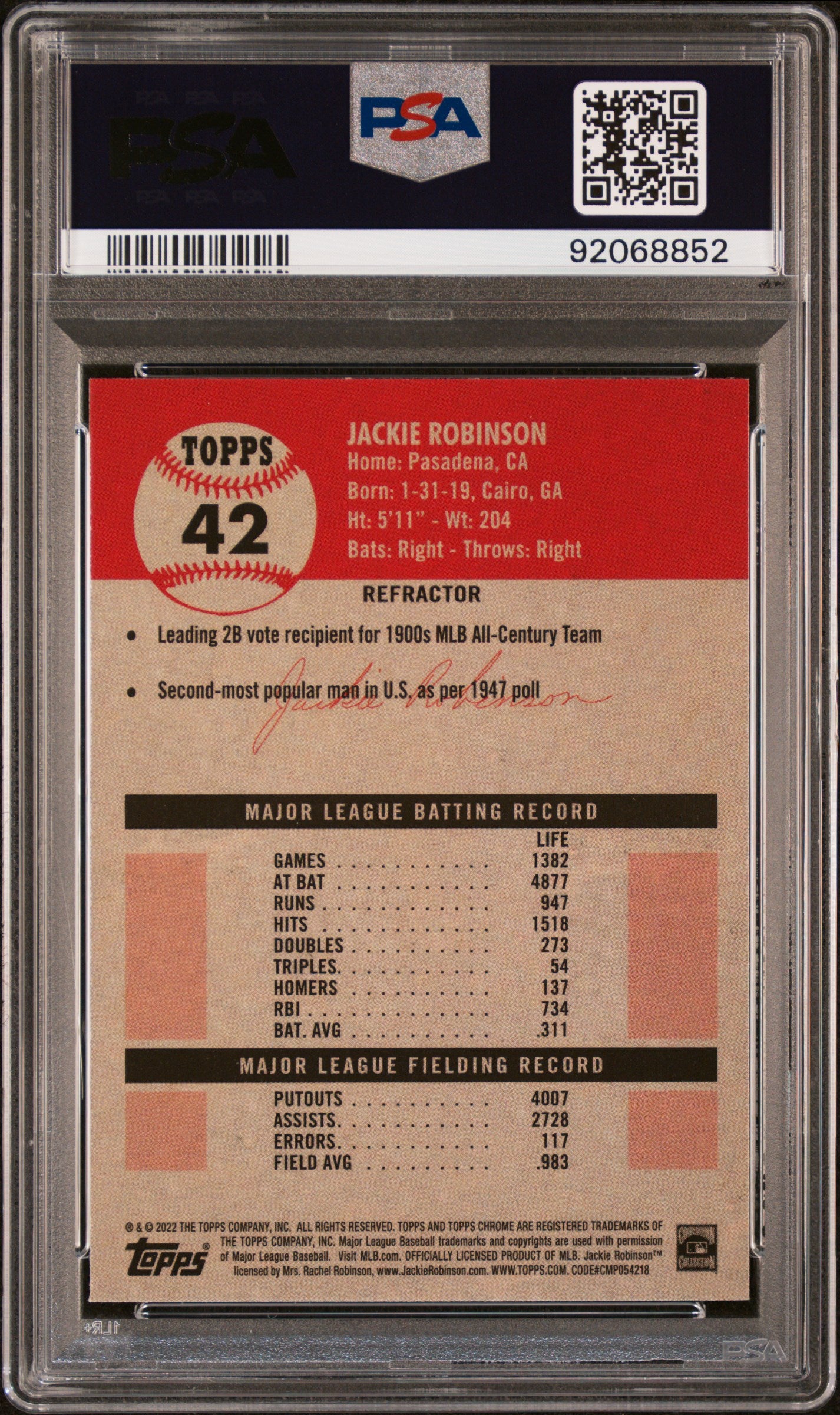 Jackie Robinson 2022 Topps Chrome Refractor Card #42 Graded PSA 10-Powers Sports Memorabilia