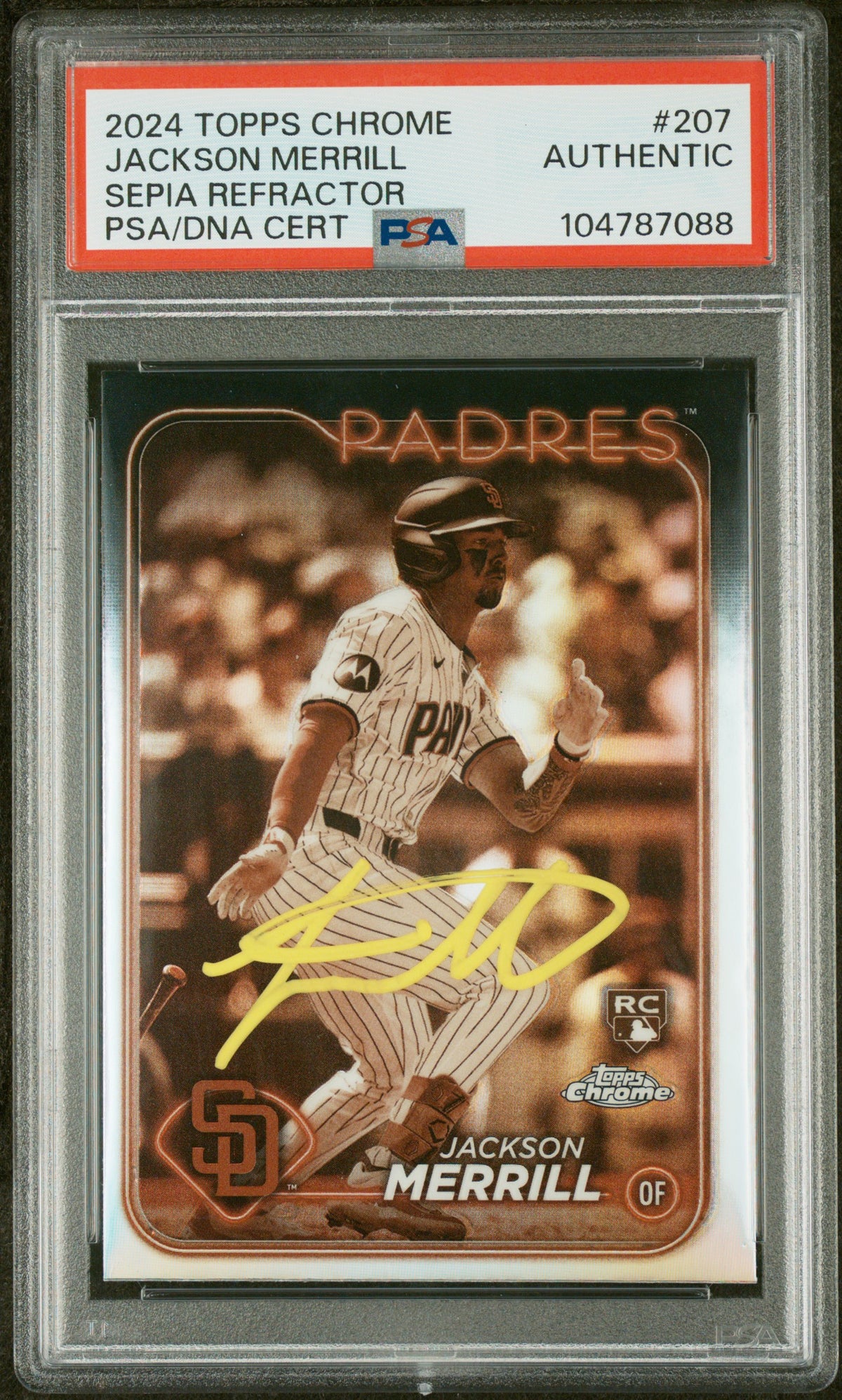 Jackson Merrill 2024 Topps Chrome Sepia Refractor Rookie Card #207 Auto PSA-Powers Sports Memorabilia