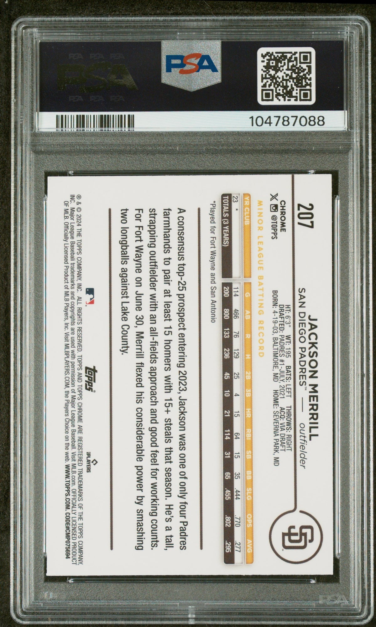 Jackson Merrill 2024 Topps Chrome Sepia Refractor Rookie Card #207 Auto PSA-Powers Sports Memorabilia