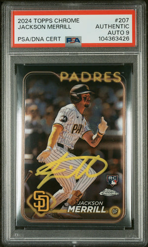 Jackson Merrill 2024 Topps Chrome Signed Baseball Rookie Card #207 Auto PSA 9-Powers Sports Memorabilia