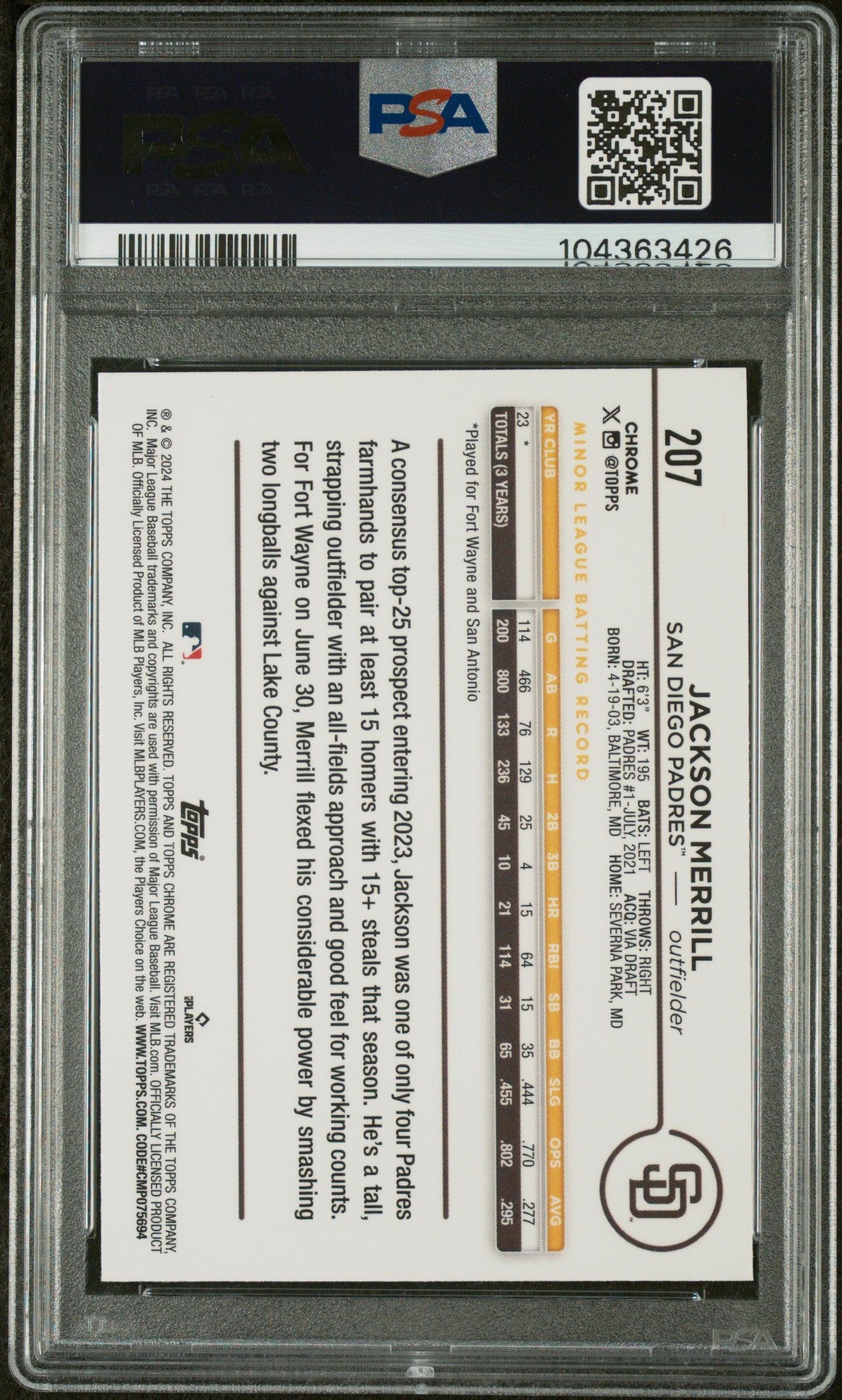 Jackson Merrill 2024 Topps Chrome Signed Baseball Rookie Card #207 Auto PSA 9-Powers Sports Memorabilia
