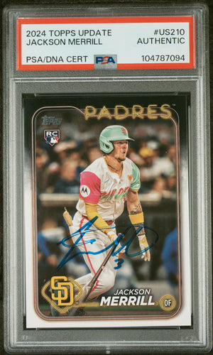 Jackson Merrill 2024 Topps Update Signed Baseball Rookie Card #US210 Auto PSA-Powers Sports Memorabilia