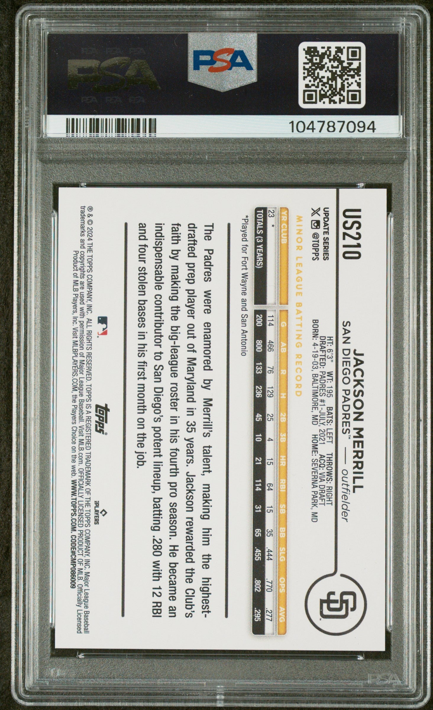 Jackson Merrill 2024 Topps Update Signed Baseball Rookie Card #US210 Auto PSA-Powers Sports Memorabilia
